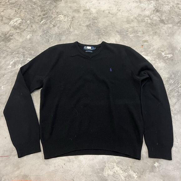 Polo Ralph Lauren Men's Lambs Wool Sweater Large Black Pullover Purple Pony Knit